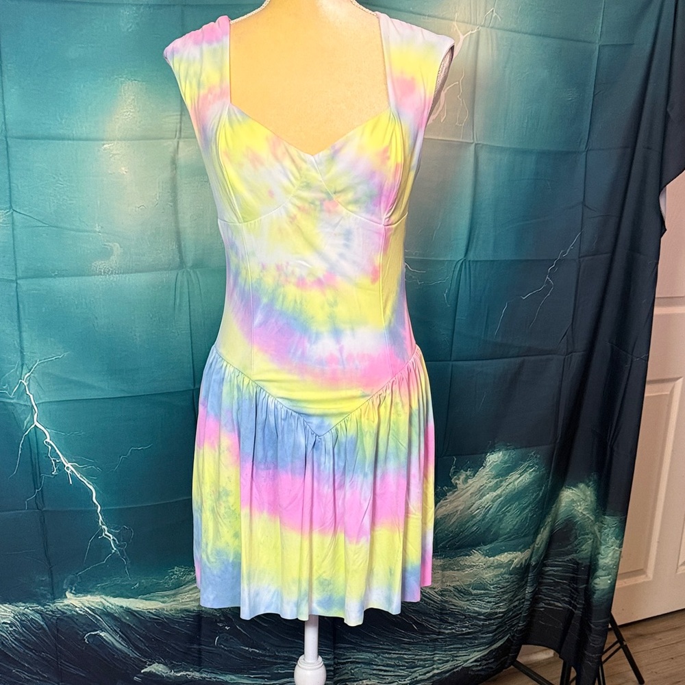Pastel Tie-Dye Mini Dress with Cap Sleeves - Multicolor